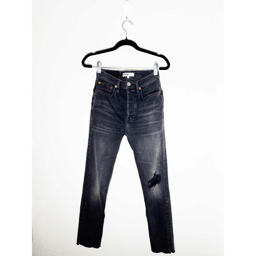 Re/Done Women's High Rise Ankle Crop Lived‎ In Black Jeans Distressed Button Fly